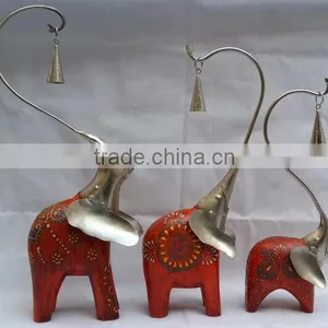 IRON/WOODEN PAINTED ELEPHANT SET OF 3 HANGING BELL IN TRUNCK thumbnail-1