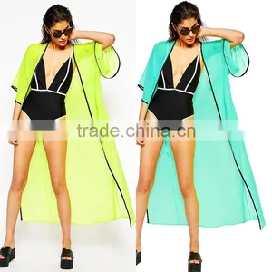 Summer Beach Style Women Beachwear Cover Up Beach Ladies Sexy Contrast Trim Long Beach Kimono Style Swimwear thumbnail-1