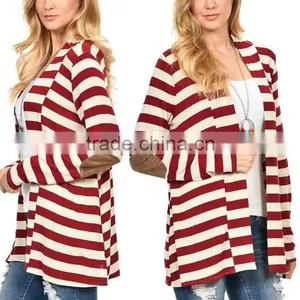 OEM Latest Designs Multi-color Women Fashion Stripe Elbow-Patch Open Front Cardigan Sweaters thumbnail-1