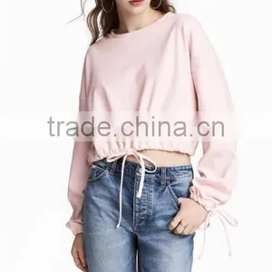 Fashion Style Plain Cropped Hoodie Ladies New Design Pink Short Long Sleeve Cropped Top Hoodie With Stringer thumbnail-2
