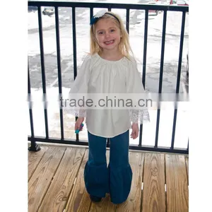 Long Bell Shaped Sleeves Girls Peasant Blouse Photos Lace Detail White Peasant Top HSB9402 thumbnail-1