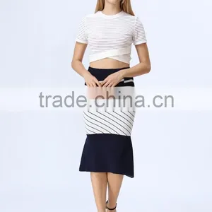 2016 New Arrival White & Black Stripe Knitted Crop and Fishtail High Waist Knitted Skirt Co-ord Set thumbnail-3