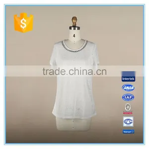Fashion Woman Korean Lace Linen Fabric Blouse Beaded Neck Design thumbnail-1