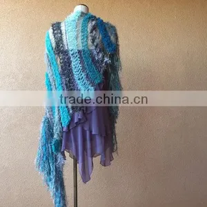 Teal Shawl Aqua Scarf Ocean Seafoam Turquoise Grey Black White Charcoal Hand Knit Striped Fringe Shawl Wrap Cape thumbnail-6