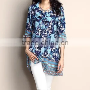 2016 New Summer Women Tops With Blue Floral Chiffon Ruffle-Front Tunic Women Flower Blouse Women Clothes GD90426-58 thumbnail-1