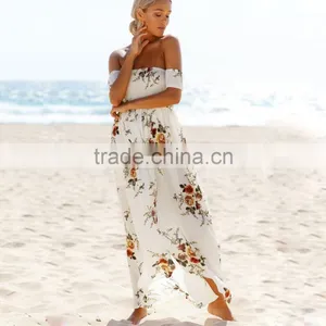 Boho Style Long Dress Women Fashion Off Shoulder Beach Summer Dresses Floral Print Vintage Chiffon White for Wholesale 2017 thumbnail-2