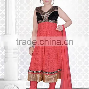 New Salmon Color With Black Velvet on Benaras Design at Neck Anarkali Salwar Kameez Sizzling Girls Ready Made thumbnail-1