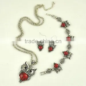 Top Green Red Blue Turquoise CZ Owl Necklace Bracelet Earrings Vintage Silver Jewelry Set thumbnail-5