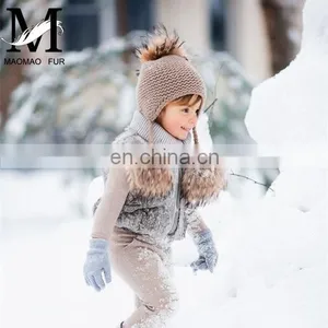 Kids Winter Knitted Hats Children Three Fur Pom Poms Hat Baby Hat With Hair thumbnail-1