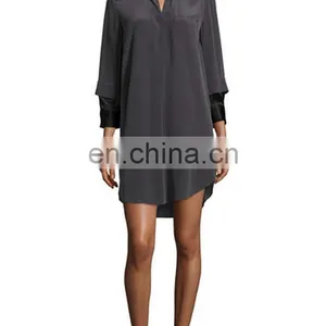 3/4-Sleeve Two-Tone Shirtdress, Charcoal thumbnail-2