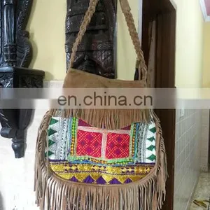 VINTAGE BANJARA EMBROIDERY SUEDE ETHNIC PATCHWORK HANDMADE MIRROR TRIBAL BAG thumbnail-1