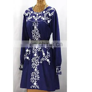 Fashionable Dress Custom Clothing Midi Cotton White Bohemian Mexican White Embroidered Dress thumbnail-1