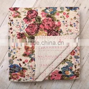 Flower Garden Kantha Quilt Indian Old Heavy Vintage Kantha Quilts Reversible Throw Ralli Gudri thumbnail-1