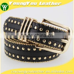 Women's Fashion Gold Metal Studded PU Black Leather Jeans Belt With Double Bean Chian thumbnail-1