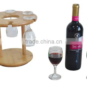 Rotating Bottom Bamboo Table Standing Wine Holder With 6 PCS Glasses thumbnail-2