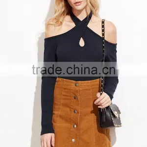 Navy Keyhole Cross Halter Neck Ribbed Bodysuit Cotton Spandex Long Sleeve Sexy Lady Sweater Bodysuit thumbnail-3