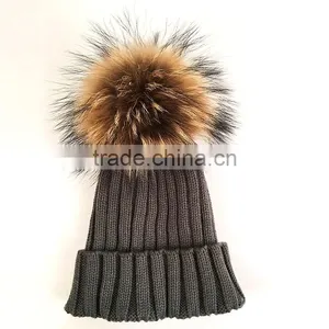 Myfur Dark Gray Wool Knitting Hat Couple Cap With Raccoon Fur Pompom thumbnail-2