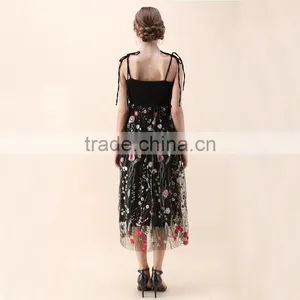 NEWEST WOMEN Self-tie Strap and Floral Embroidery Black Mesh Dress thumbnail-5