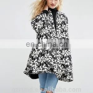 China Supplier Wholesale OEM ODM New Fashion Lady Winter Coat, Black and White Print Floral Satin A- Line Coat With Rib Detail thumbnail-5