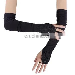 Grace Karin Womens 19" Lace Embellished Pleated Black And White Color Fingerless Gloves Bridal Wedding Gloves CL010471 thumbnail-2