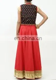 Indian Georgette Red Gotta Patti Lehenga Skirt Gyspy Bohemian Belly Dance Hippie Boho Skirts For Navratri With Tassel Wholesale thumbnail-2