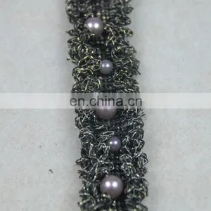 Fashion Black Embroidery Lurex Beaded Pearl Lace Trim Designs thumbnail-2