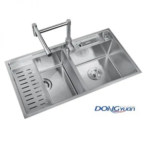 Guangdong Dongyuan Kitchenware 830×450×230mm Brushed Stainless Steel Double Bowl Handmade Kitchen Sink (DY-HA466L-834523-R10) thumbnail-1