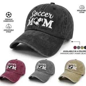 Sports Mom Lifestyle Soccer MOM Heart Graphic White Embroidery Washed Black 6 Panel Dad Cap thumbnail-1