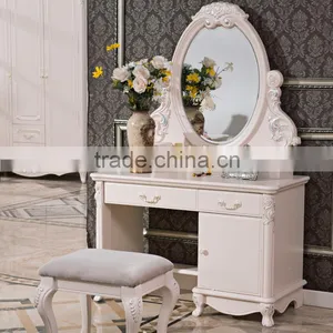 Luxury Antique European French Baroque Style Ivory White Hand Carved Wooden MDF Vanity Dressing Table Set thumbnail-6