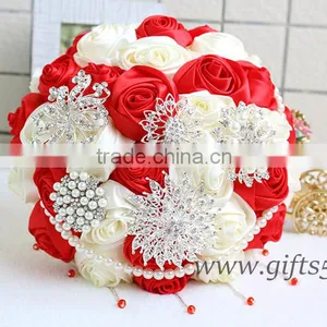 2016 New Design Wedding Bouquet, Silver and Ivory Brooch Bouquet, Red and White Satin Rose Wedding Bouquet thumbnail-2