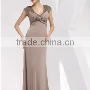 Sleeveless V-neck Beaded Ruffle Coffee Cotton Full Length Elegant Dress thumbnail-2