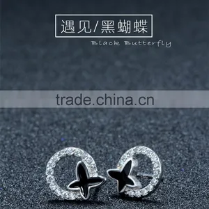 925 Sterling Silver Black Letter x Ear Studs With White Zircon and Ring Design thumbnail-2