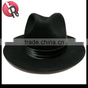 Mens Hat 100% Wool Wide Round Brim Fedora Cap Satin Feather Band Black thumbnail-3