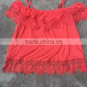 Stocklots Ladies Lace Plain Red Boat Neck T-shirts thumbnail-4
