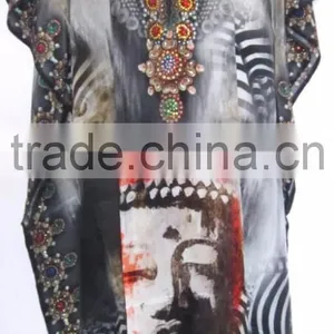 DIGITAL Print Crepe Silk Embellished Kaftan CAFTAN Tunic Poncho Blouse Top thumbnail-1