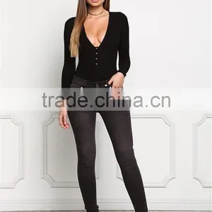 MGOO Foshan Manufacturer Custom Plunge Ribbed Bodysuits Black Cotton Spandex Blouse High Cut Buttons Up Tops thumbnail-3