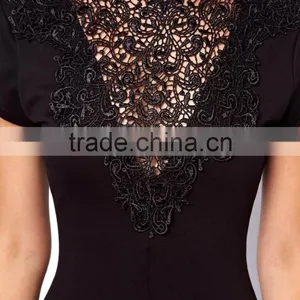 New Womens Crochet Trim Lace Neck Long Bodycon Stretch Fashion Pencil Midi Dress thumbnail-3