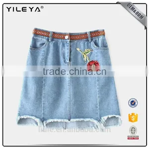 2017 Fashion Girl Custom Summer Denim Skirt Emboridery Floral Casual Skirt thumbnail-1