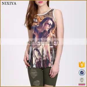 Newest Fashion Sleeveless Shirt With Tassels Sexy Printed Tank Top thumbnail-1