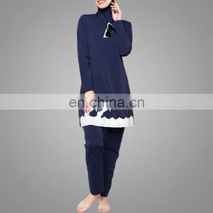 Modest Muslim Women Full Cover Swimwear Navy Embroidered Swimsuit thumbnail-2