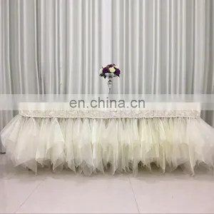 TC121D New Design 8ft Rectangle Rosette Ruffled Curly Willow Table Skirt thumbnail-4