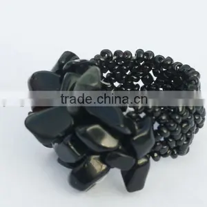 Obsidian Chip Stone Stretch Seed Glass Beads Ring thumbnail-1