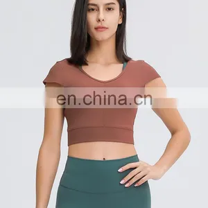 Factory Custom Hot Selling V Beauty Back Workout Fitness Short Sleeve Tee Active Gym Ribbed Yoga Crop Tops thumbnail-3
