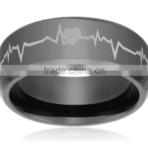 Titanium Comfort Fit Wedding Band Ring Laser Engraved Forever Love Heartbeat Black Ring thumbnail-1