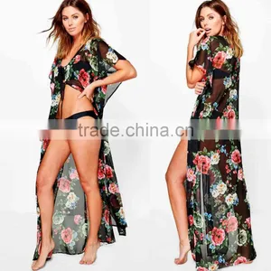 Muslim Girls Ladies European Swimwear Floral Maxi Kimono Beach Long Cover Up Dress For Sexy Mature Women thumbnail-1