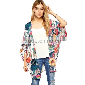 Wholesale Latest Fashion Women Floral Kimono Cardigan Chiffon Blouse Loose Quimono Flower Print Casual Cardigans thumbnail-2