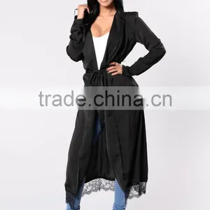 Outwear Casual Cover up Women 100% Polyester Light Weight Mock Pockets Lace Trim Hem Long Sleeve Duster Jacket thumbnail-3