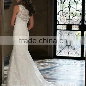 White off Shoulder Full Lace v Neck Closed Back Mermaid Bridal Wedding Dress thumbnail-2