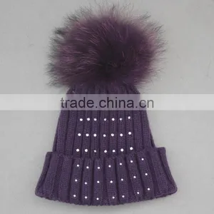Myfur Fashion Style Diamond Ladies Wool Knitted Beanie Hat With Real Raccoon Fur Pom Pom thumbnail-3