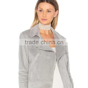 Autumn 2018 Lady Clothing Silver Faux Suede Zip up Motorcycle Jacket thumbnail-5